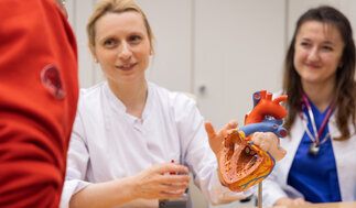 Das Bild zeigt Prof. Dr. Constanze Schmidt, die Leiterin der Klinik für Kardiologie und Pneumologie der Universitätsmedizin Göttingen. Sie erklärt gerade ihren Zuhöhrern etwas am Modell eines Herzens.