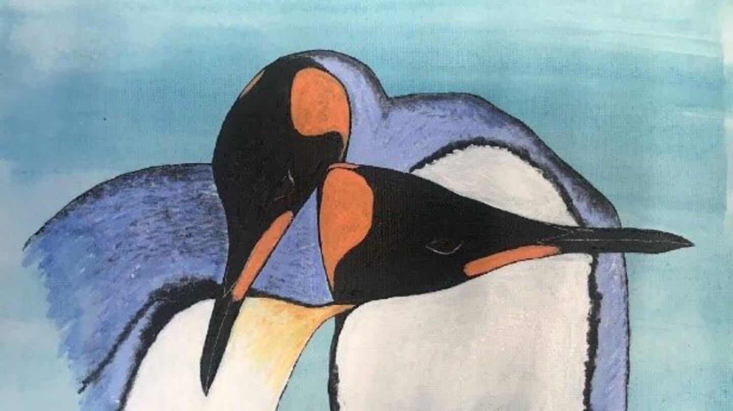Handgemaltes Bild mit zwei Pinguinen, welches im onkologischen Kunstprojekt Frabraum von einem Patienten entstanden ist.
